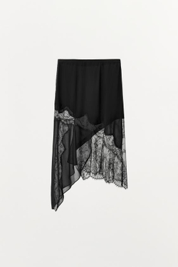 ZARA КОМБИНИРОВАННАЯ ЮБКА МИДИ С КРУЖЕВОМ, ЧЕРНЫЙ