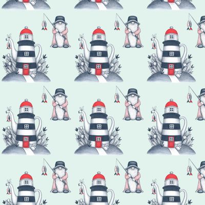 Маяк-чайник и гном-рыбак на мятном зелёном