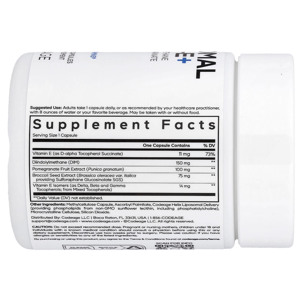 Codeage, Liposomal DIM-E+, дииндолилметан и витамин E, 120 растительных капсул