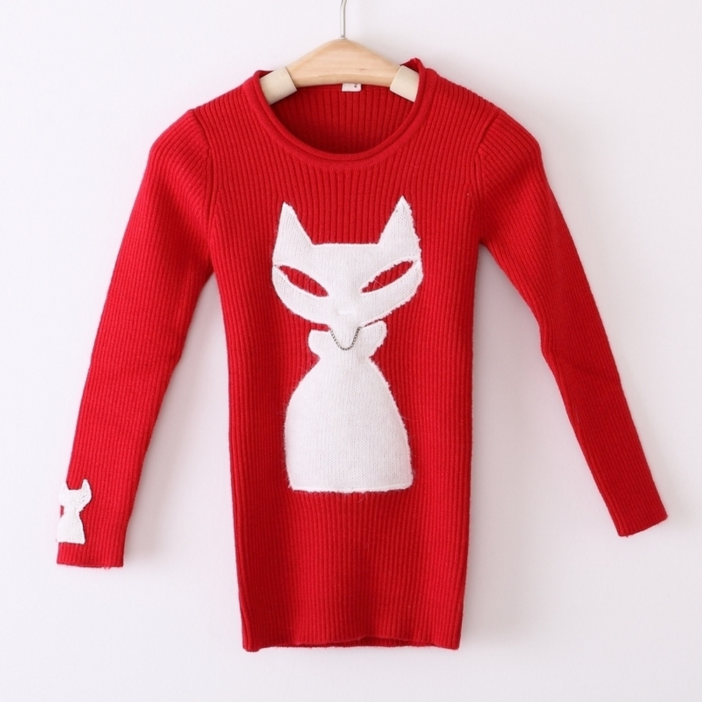 Джемпер однотонный с контрастными принтом и аппликацией кошек