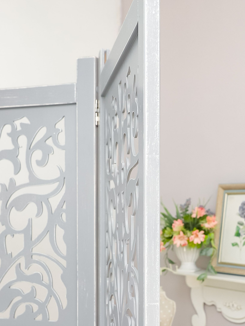 Ширма деревянная резная "Узоры", 4 створки, серая состаренная 1800*2000 мм