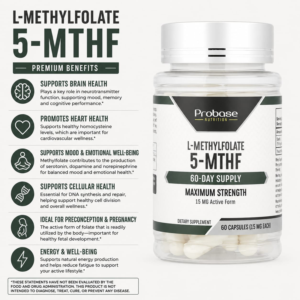 Probase Nutrition, L-метилфолат 5-МТГФ, 15 мг, 60 капсул