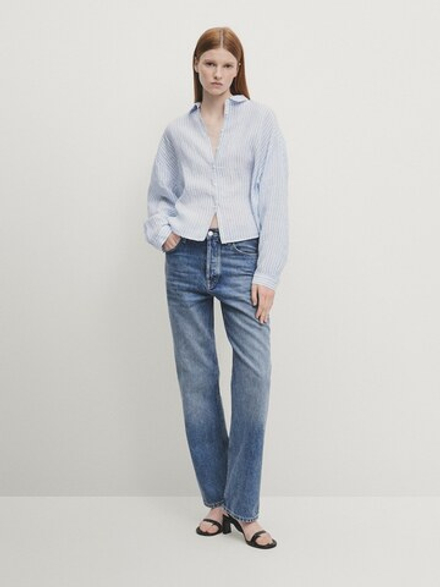 Massimo Dutti Укороченная рубашка из 100% льна в полоску, голубой