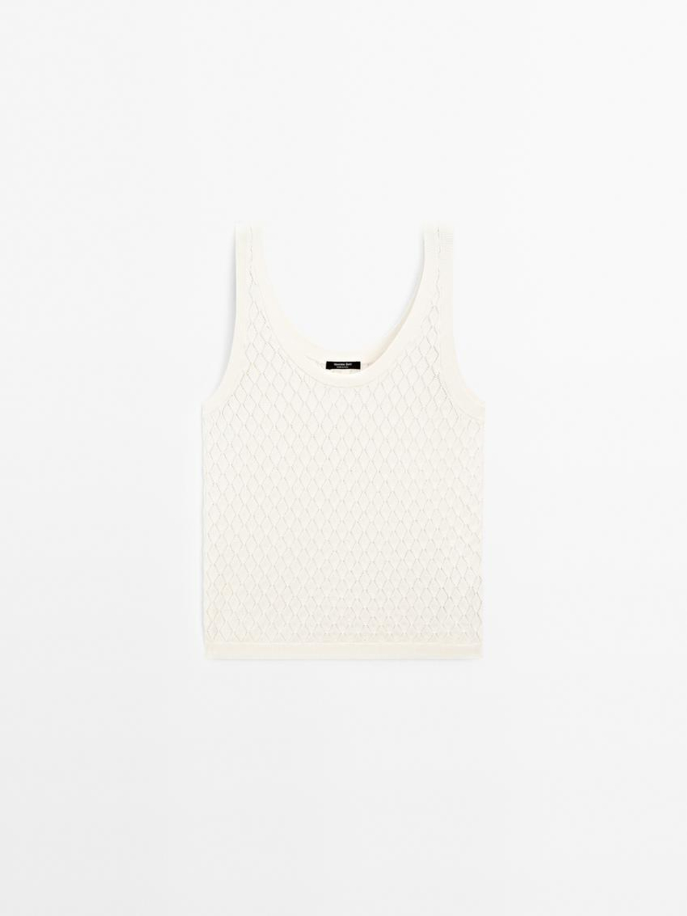 Massimo Dutti Трикотажный топ ажурной вязки с узором «ромбы», натуральный, кремовый
