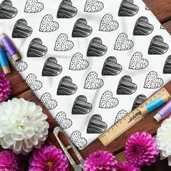 Ткань поплин чёрные сердечки на белом фоне