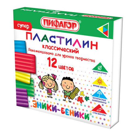 Пластилин классический ПИФАГОР "ЭНИКИ-БЕНИКИ СУПЕР", 12 цветов, 120 г, стек, 106505