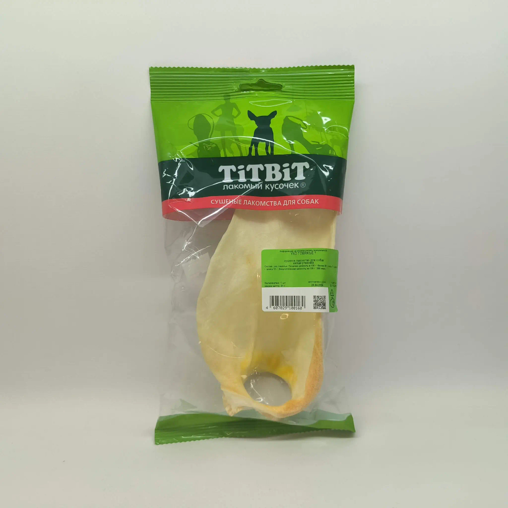 Ухо телячье большое, 27г лакомство для собак TiTBiT