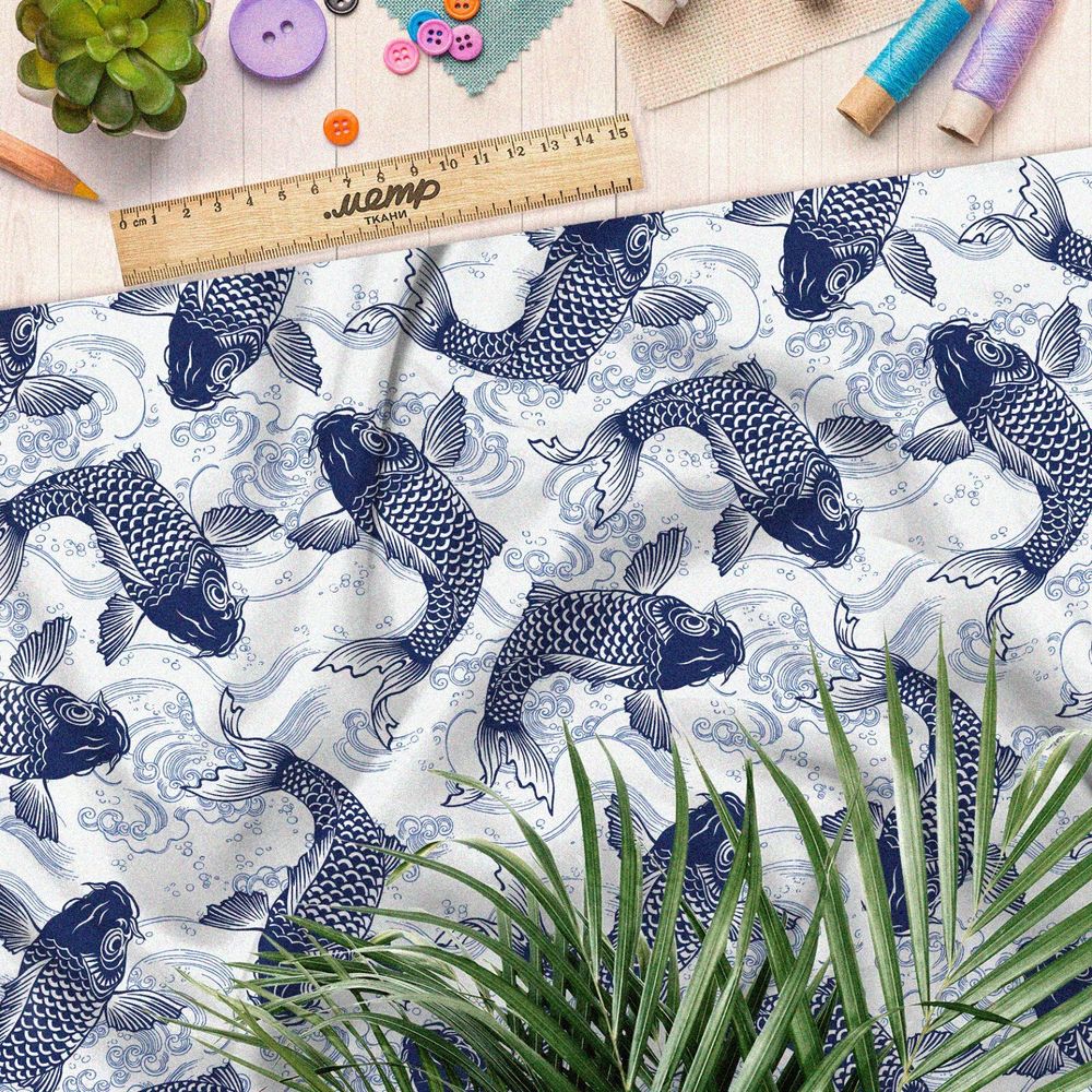 Ткань поплин синие карпы
