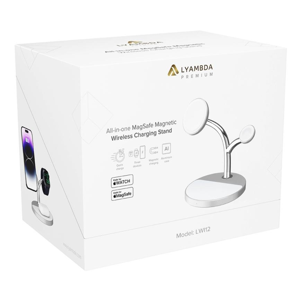 Зарядная станция MagSafe LYAMBDA Premium для iPhone, Apple Watch и AirPods (LWI12) Беспроводная зарядка: Qi 15 Вт, Qi 5 Вт, магнитное крепление для зарядки Apple Watch (Qi 2,5 Вт). Проводная зарядка: нет. Сертификация MFi