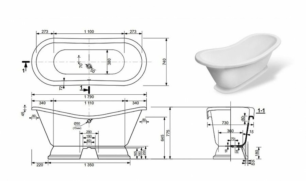 Ванна из литьевого мрамора Эстет Бостон 180х74 на подиуме белая, ФР-00001046