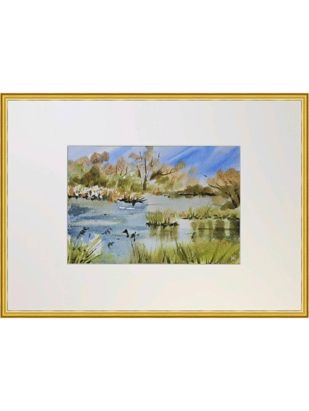 Картина авторская акварельная в паспарту 21х30 см на стену для интерьера "Река Осетр"