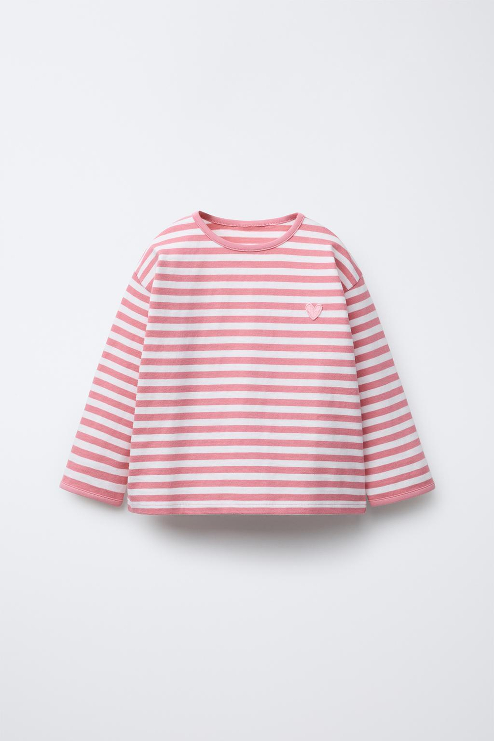 ZARA ТРИКОТАЖНАЯ ФУТБОЛКА В ПОЛОСКУ С НАШИВКОЙ «СЕРДЦЕ», СВЕТЛО-РОЗОВЫЙ