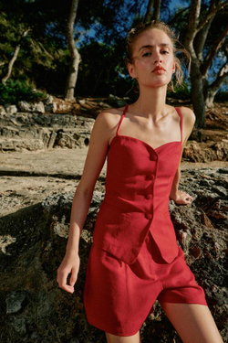 ZARA ЖИЛЕТ С ВЫРЕЗОМ СЕРДЕЧКОМ ИЗО ЛЬНА, КРАСНЫЙ