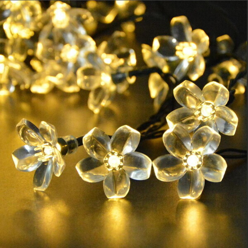 Гирлянда для улицы «Цветок» 7 м 50 ламп LED чёрный провод, 2 реж.,IP-55, Теплый белый (солнечная батарея).