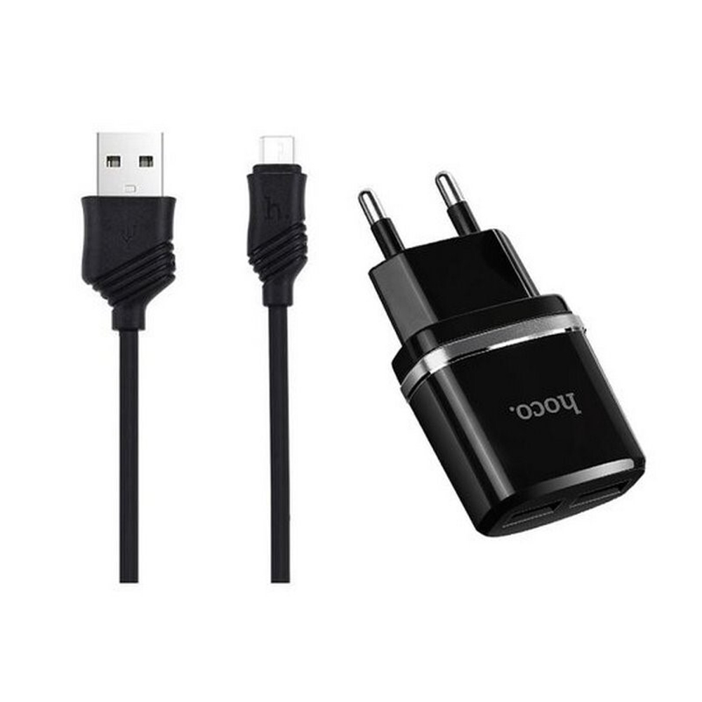 Сетевой адаптер питания HOCO C12 2USB 2.4A + кабель Micro (черный)