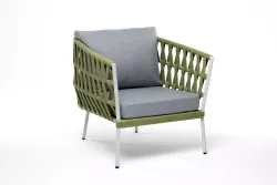 "Диего" кресло плетеное из роупа, каркас алюминий светло-серый (RAL7035) муар, роуп салатовый меланж круглый, ткань светло-серая
