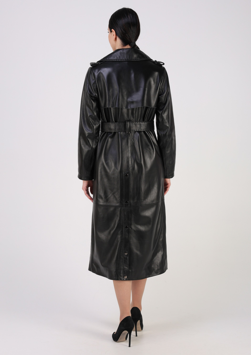 Тренч длинный кожаный с поясом плащ