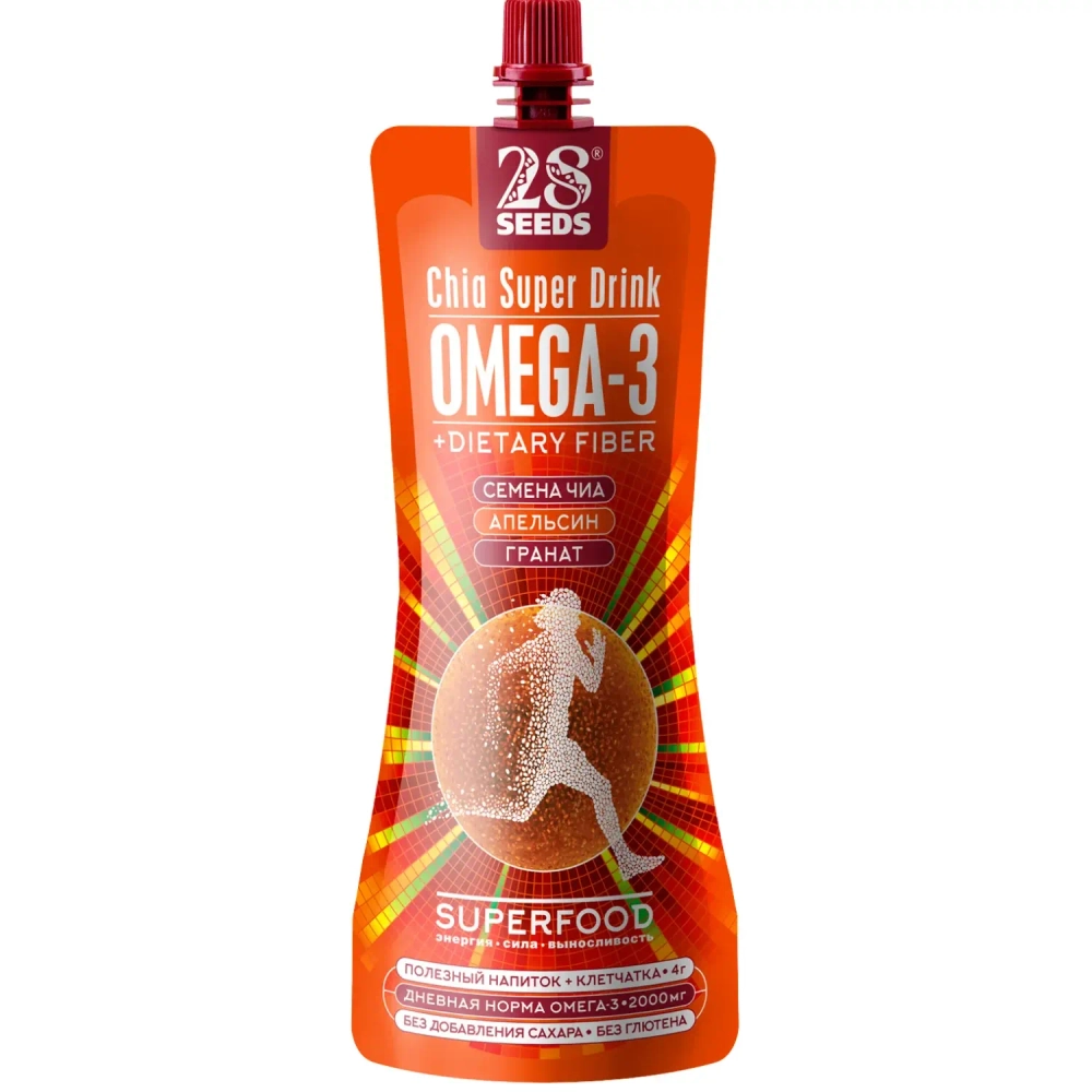 Напиток ЧИА ОМЕГА-3 «Апельсин + Гранат» 250 мл 28SEEDS — вид спереди упаковки