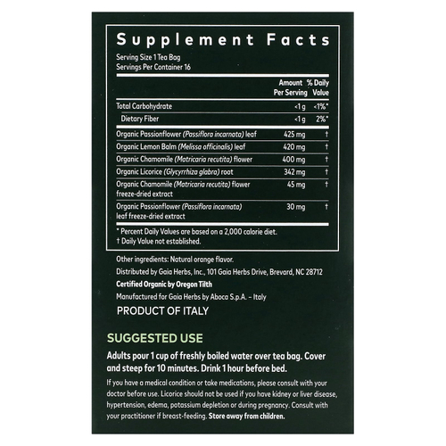 Gaia Herbs, травяной чай, для сна и расслабления, без кофеина, 16 чайных пакетиков, 27,2 г (0,96 унции)