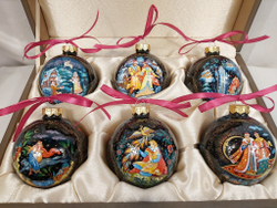 Сувенирный набор из 6-х новогодних шаров с ручной росписью Палех "Сказки"
