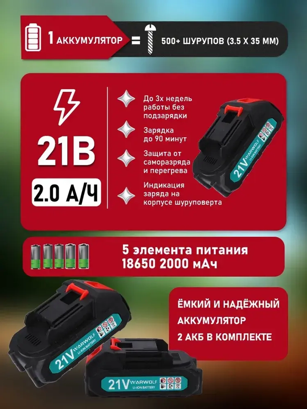 Дрель-шуруповерт аккумуляторный бесщеточный 21В, в кейсе, 2 АКБ 2.0 а/ч, многофункциональный 80 H/M для долбления, сверления, закручивания