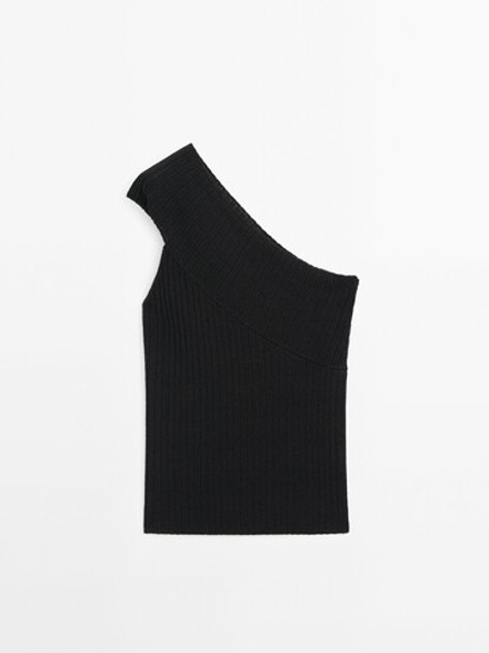 Massimo Dutti Трикотажный топ асимметричного кроя в рубчик, черный