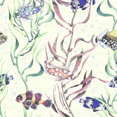 Морские водоросли и рыбки. Акварель на желтом фоне