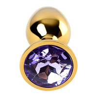 Золотистая коническая анальная пробка 7см с фиолетовым кристаллом ToyFa Metal 717004-15