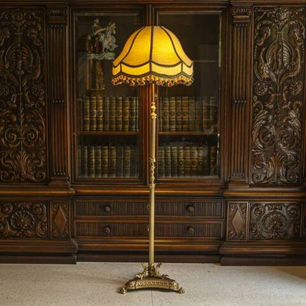 Антикварный торшер «Венский шик» с бронзовым основанием и текстильным абажуром