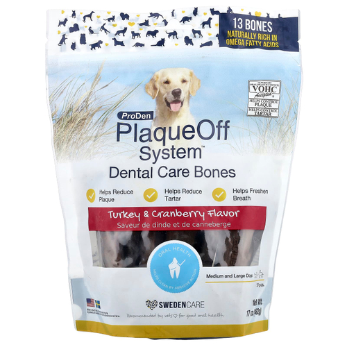 ProDen, PlaqueOff System™, Dental Care Bones, для средних и крупных собак, со вкусом индейки и клюквы, 13 костей, 482 г (17 унций)