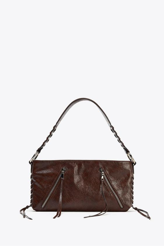 ZARA СУМКА С ПЛЕЧЕВЫМ РЕМНЕМ И МОЛНИЯМИ, ШОКОЛАДНЫЙ