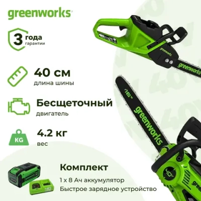 Аккумуляторная цепная пила Greenworks GD40CS20XK8 (1 x 8 Ач, Быстрое ЗУ) 2008807U8F