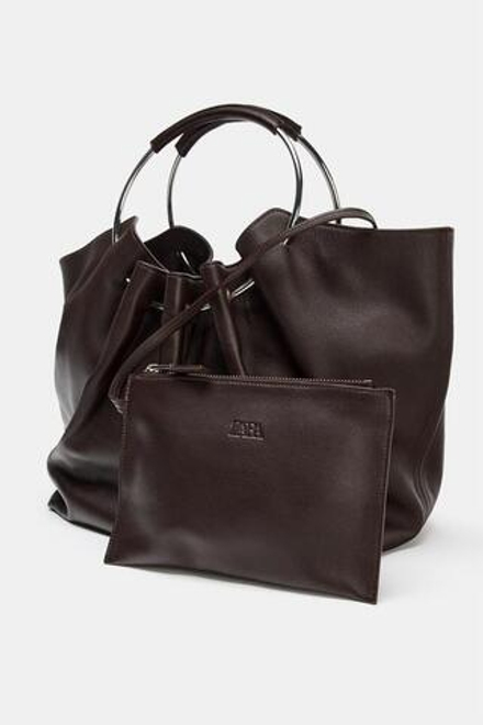 ZARA КОЖАНАЯ СУМКА-МЕШОК С ЖЕСТКИМИ РУЧКАМИ, КОРИЧНЕВЫЙ