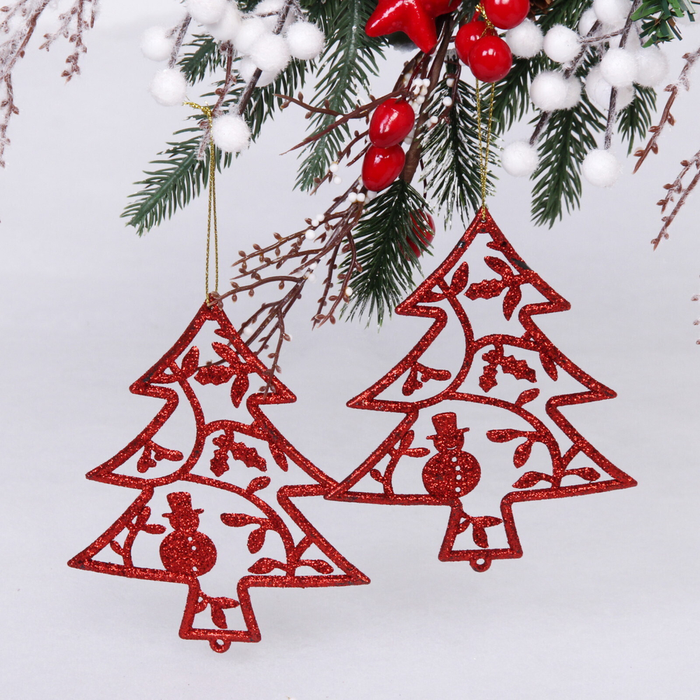 Подвески в блестках «Елочки новогодние» 12 см (набор 2шт), красный