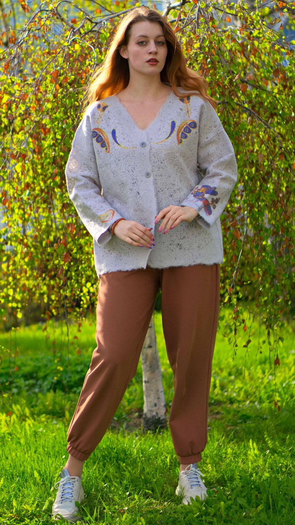 Шерстяной жакет "Синие травы", по мотивам старинных русских узоров