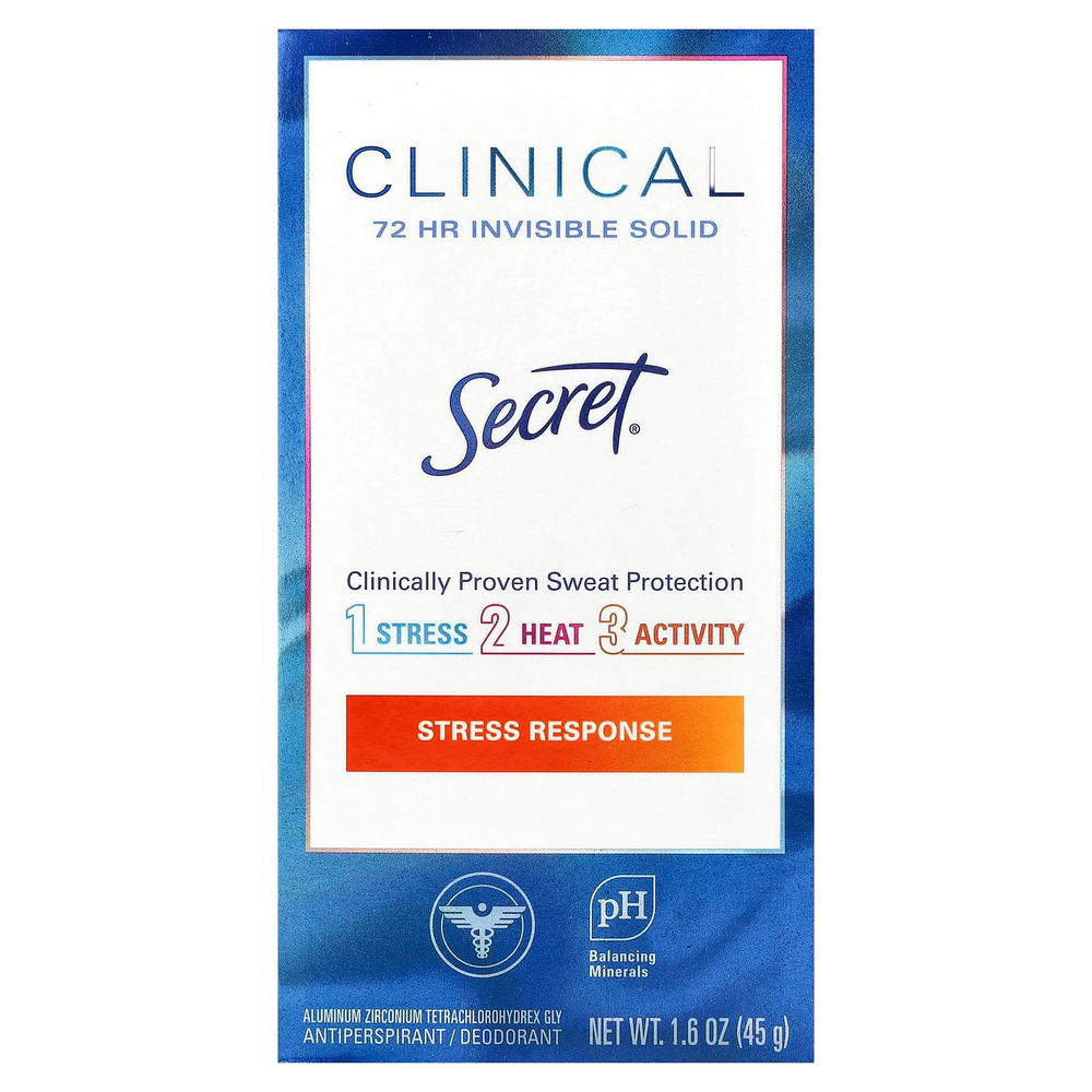 Secret, Clinical, невидимое твердое вещество, 72 часа, антиперспирант / дезодорант, реакция на стресс, 45 г (1,6 унции)