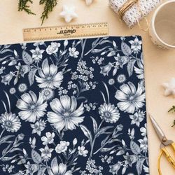 Ткань атлас монохромные цветы на синем