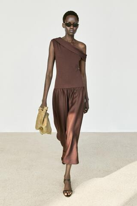 Massimo Dutti Платье миди с открытым плечом, коричневый