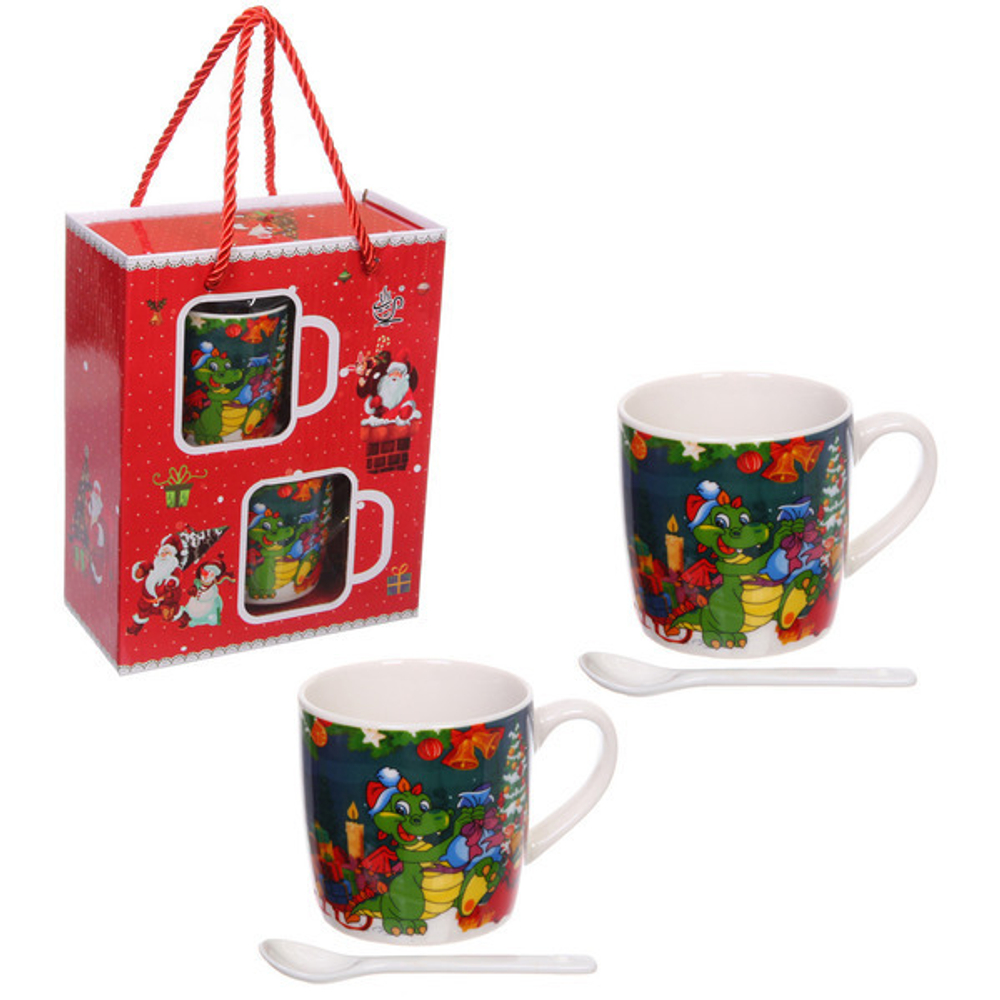 Кружка керамическая 200мл в наборе 2шт с ложками «Веселый Дракоша»