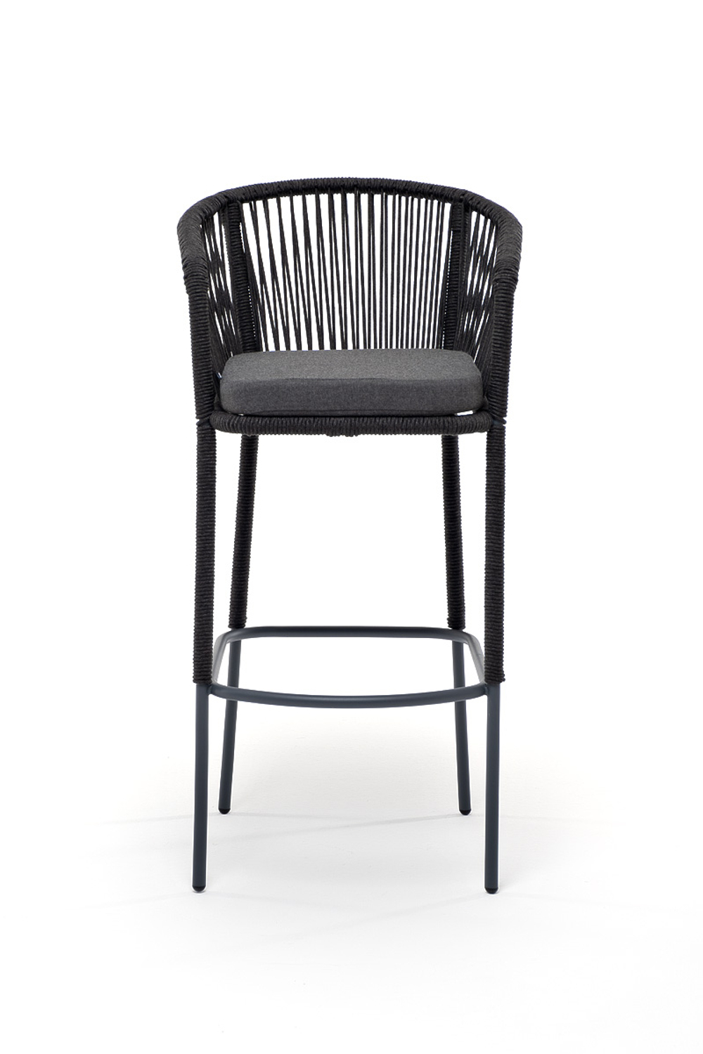 "Марсель" стул барный плетеный из роупа, каркас из стали темно-серый (RAL7024) муар, роуп темно-серый круглый, ткань темно-серая 027