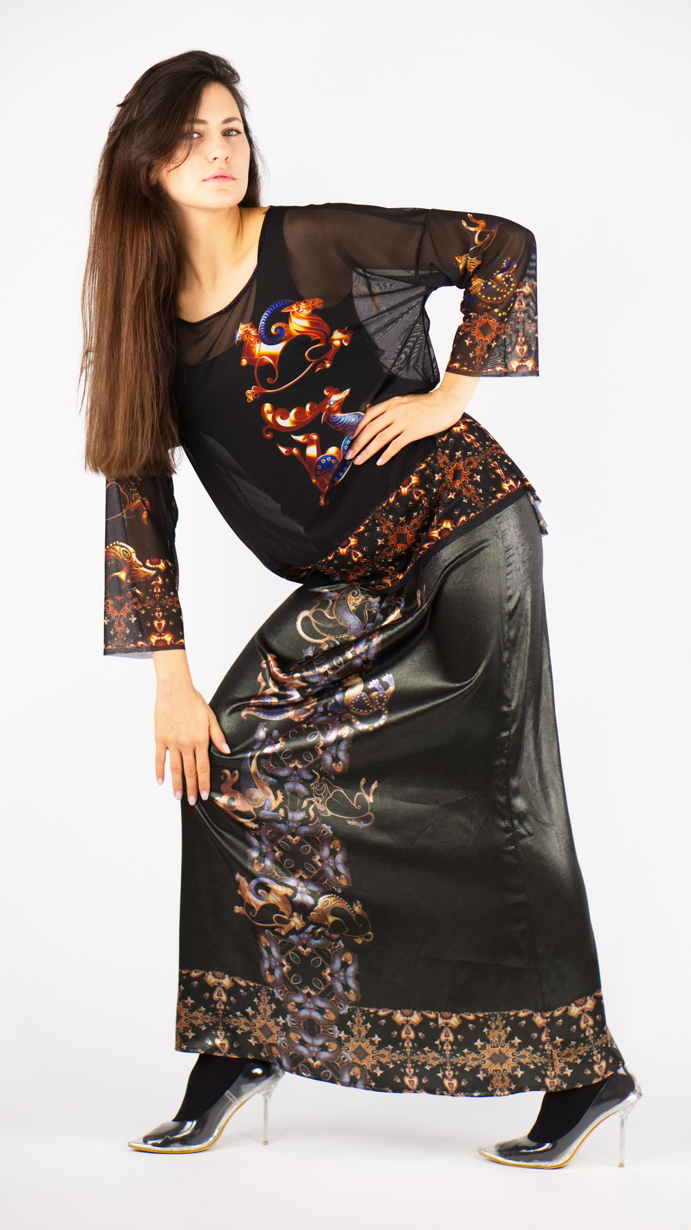 Туника из сетки "Загадки скифов", принт по мотивам скифских татуировок