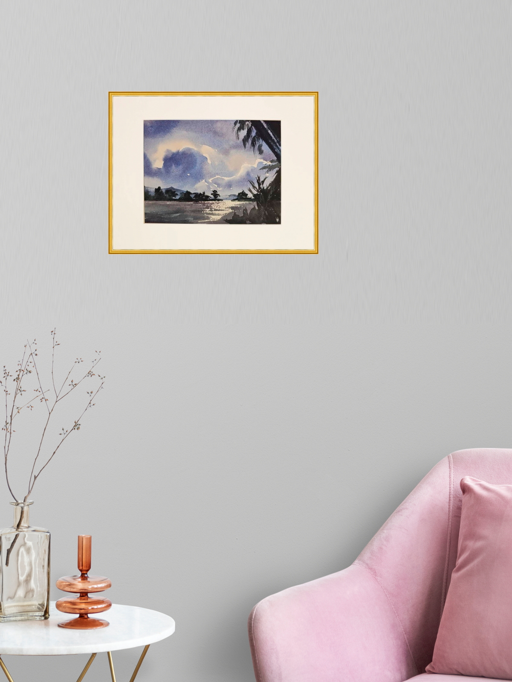 Картина авторская акварельная в паспарту 21*30 см на стену для интерьера "В окружении пальм"