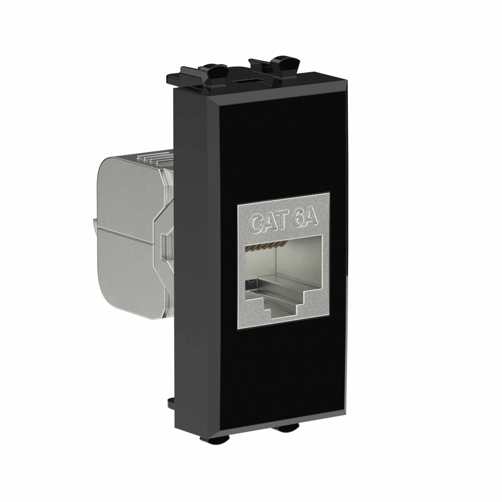 Компьютерная розетка RJ-45 без шторки модульная, кат.6А экранированная, "Avanti", "Черный квадрат", 1 модуль