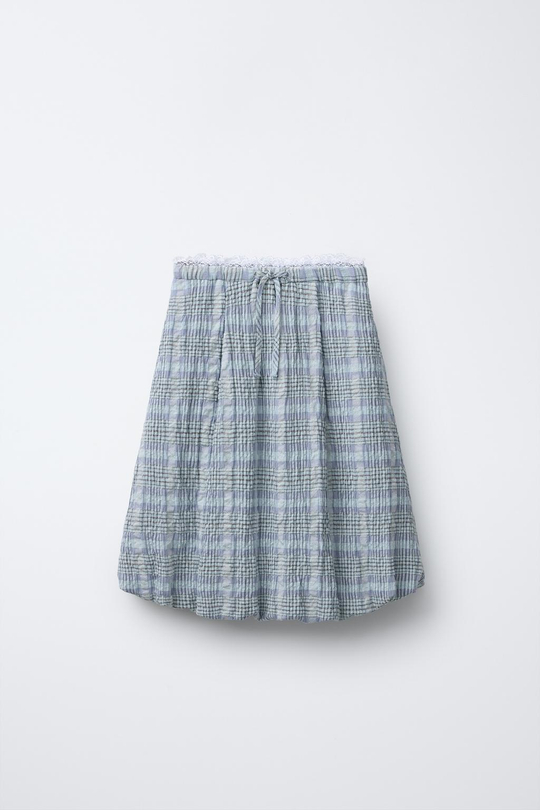 ZARA ЮБКА-БАЛЛОН В КЛЕТКУ С КРУЖЕВОМ, ЛАВАНДОВО-СИНИЙ