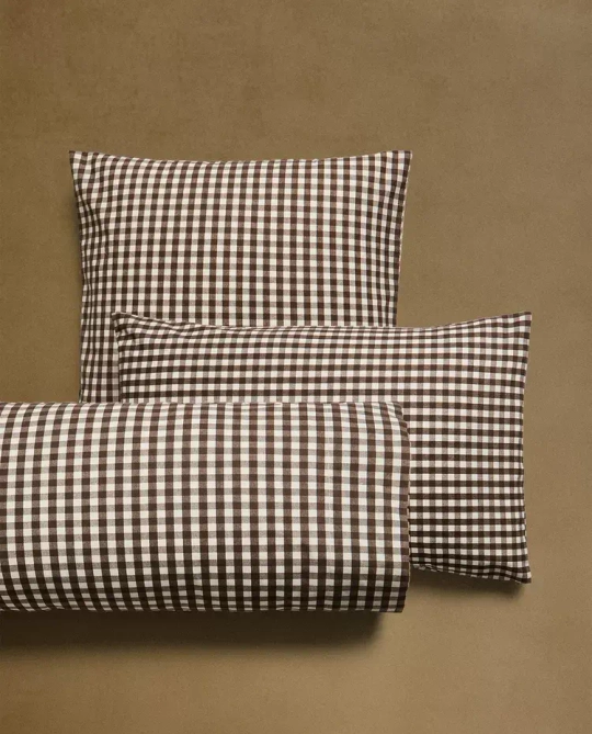 ZARA HOME НАВОЛОЧКА ИЗ ХЛОПКА В КЛЕТКУ, КОРИЧНЕВЫЙ