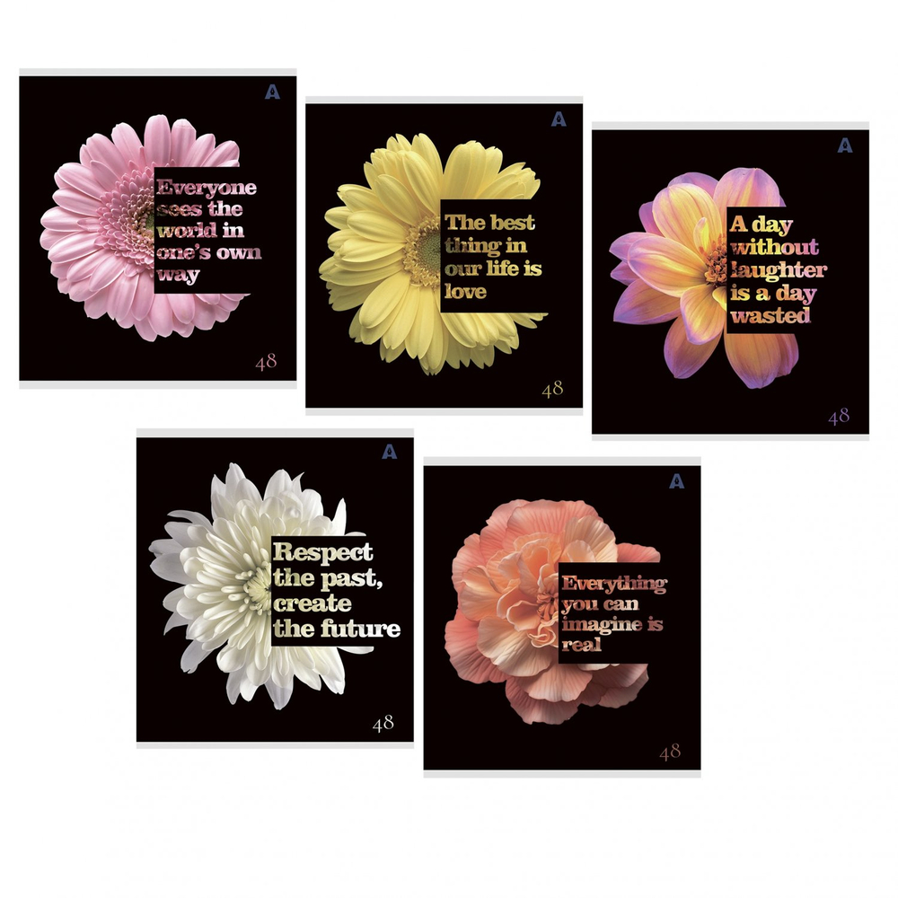 Тетрадь 48л, А5, клетка, Alingar, "Floral mood"скрепка,мелованный картон (стандарт), Soft touch+ выб УФ лак, блок офсет, 5 дизайнов в пленке т/у