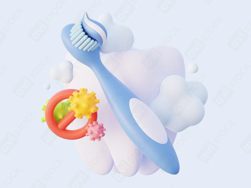 3D зубная щётка с пастой и микробами — иллюстрация для стоматологии и гигиены