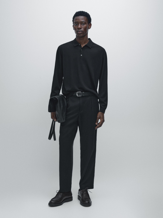 Massimo Dutti Трикотажное свитер поло из 100% мериносовой шерсти, черный