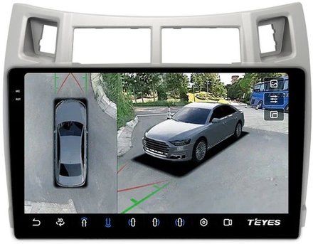 Магнитола для Toyota Vitz 2, Yaris 2 2005-2011 (рамка серебро) - Teyes CC3-2K-360 на Android 10, 2K QLED, 6Гб+128Гб, CarPlay, 4G SIM-слот, 4 камеры в комплекте