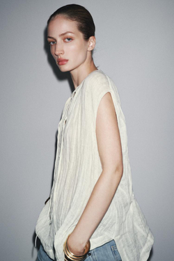 ZARA БЛУЗА С ЗАВЯЗКАМИ ZW, ЖЕЛТОВАТО-БЕЛЫЙ